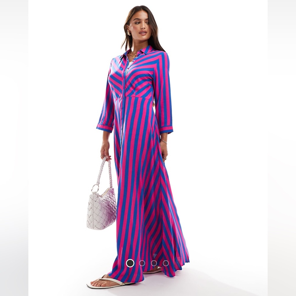Vibrant Pink and Blue Striped Long Sleeve Button Down Dress